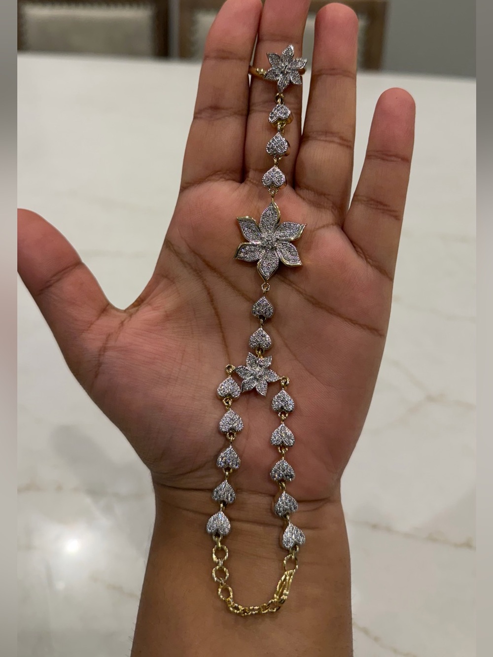 Sparkly Floral Hand Chain Ring Bracelet – Gold & Silver Size 6